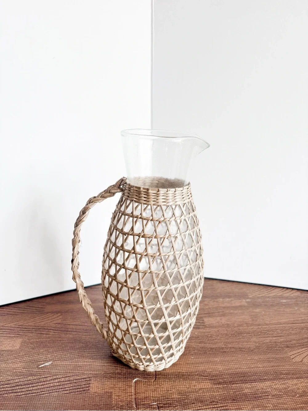Vintage Woven Rattan Glass Pitcher